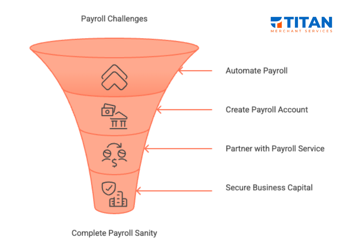 Infographic showing payroll challenges and how to tackle them with automation, creating a payroll account, partnering with a payroll service, securing business capital.