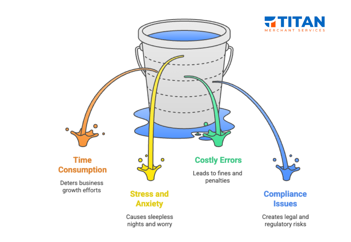 Infographic showing a leaky bucket that leaks time consumption, stress and anxiety, costly errors, and compliance issues for business owners that try to manage payroll on their own.