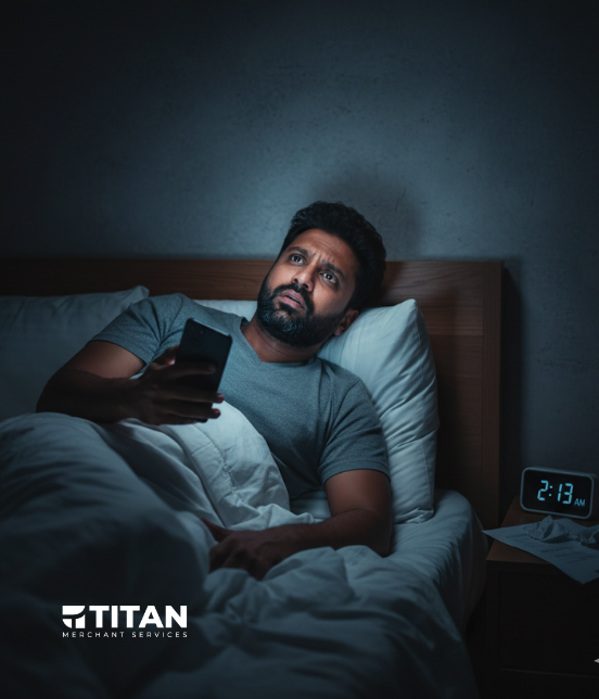 A man looking stressed and awake at 2:13 AM in bed, holding a phone, symbolizing financial worry or sleepless nights over business issues. Titan Merchant Services logo is visible.