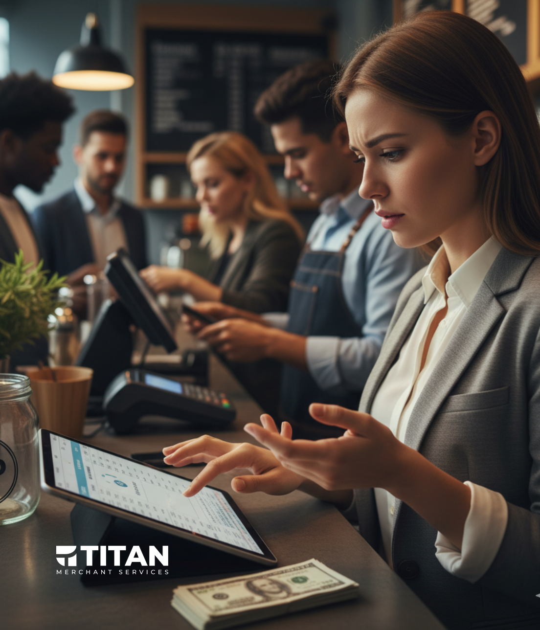 A visibly stressed businesswoman wearing a grey suit checks financial data on a tablet at a bustling coffee shop counter, with a stack of cash nearby. She looks confused and frustrated, while an employee operates a POS system behind her. The Titan Merchant Services logo is at the bottom.