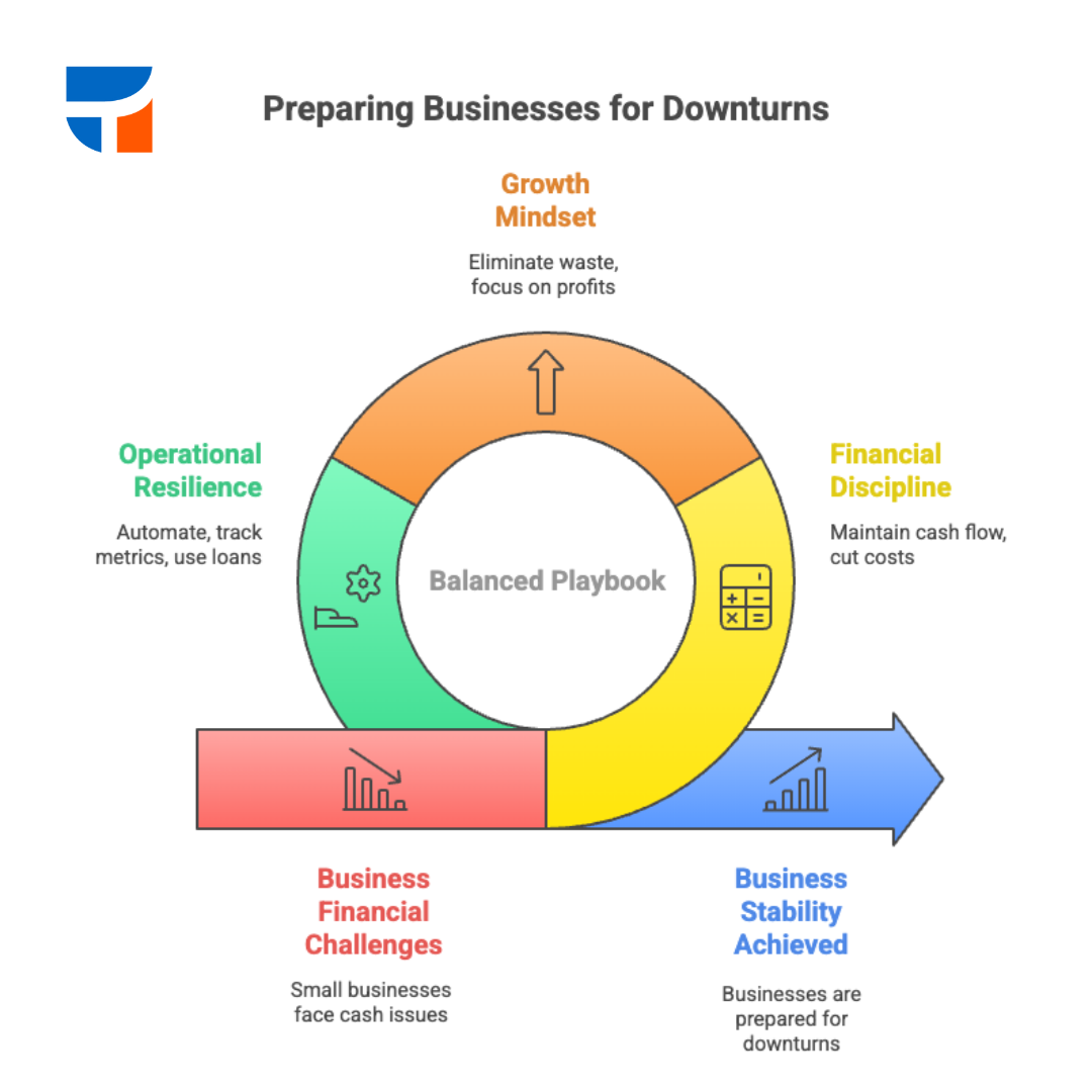 An infographic showing how a balanced playbook including mindset, financial discipline, and operational resilience, help achieve business stability.