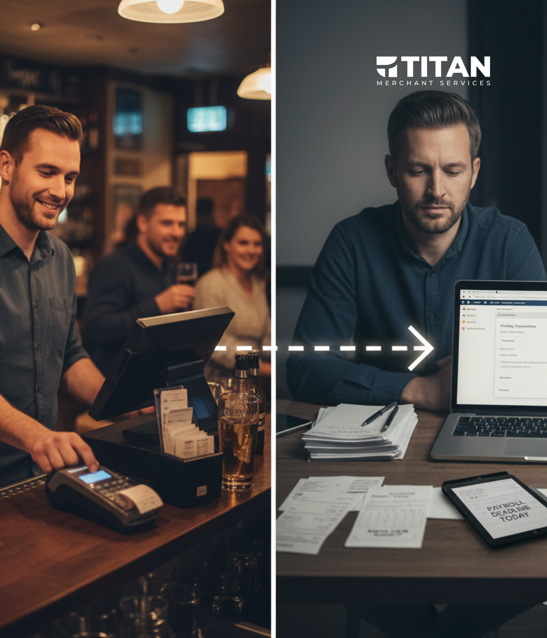 A split image showing the contrast between front-of-house work and back-office management. On the left, a smiling male bartender processes a payment using a POS terminal. The dashed arrow points to the right, showing the same man looking serious and focused while working on a laptop with stacks of paper and a tablet that reads "PAYROLL TRACKING TODAY." The Titan Merchant Services logo is visible on the right.