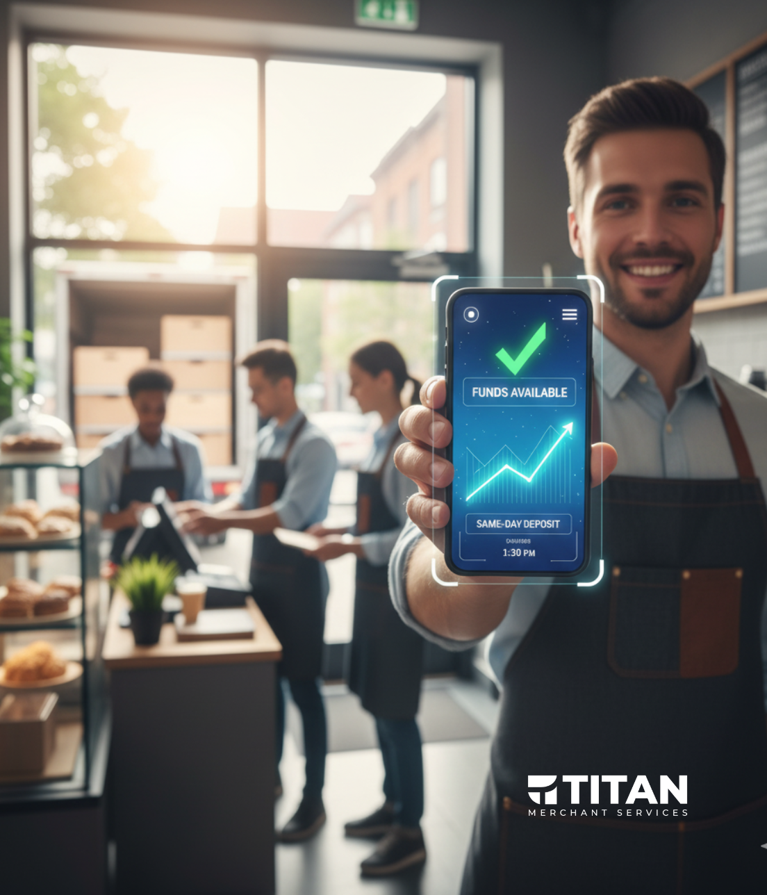 A smiling male food service employee in an apron proudly holds up a smartphone displaying a glowing, stylized green screen that reads "FUNDS AVAILABLE" and "SAME-DAY DEPOSIT," with an upward-trending green graph. Other employees are working in the background of a sunlit cafe. The Titan Merchant Services logo is at the bottom.