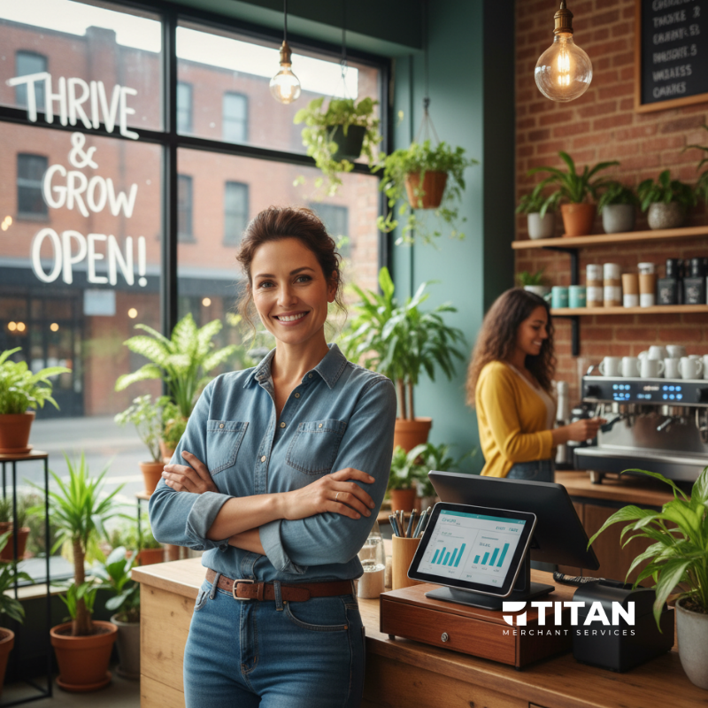 A confident and determined woman, a small business owner, stands in her retail shop looking ready to tackle new challenges and opportunities.