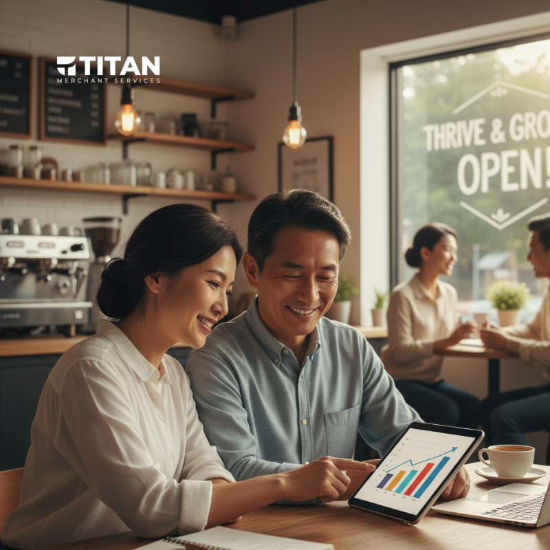 Two small business owners, a man and a woman, sit at a table in a cafe, looking at a laptop and documents. The woman is gesturing while talking, and the man is listening attentively.
