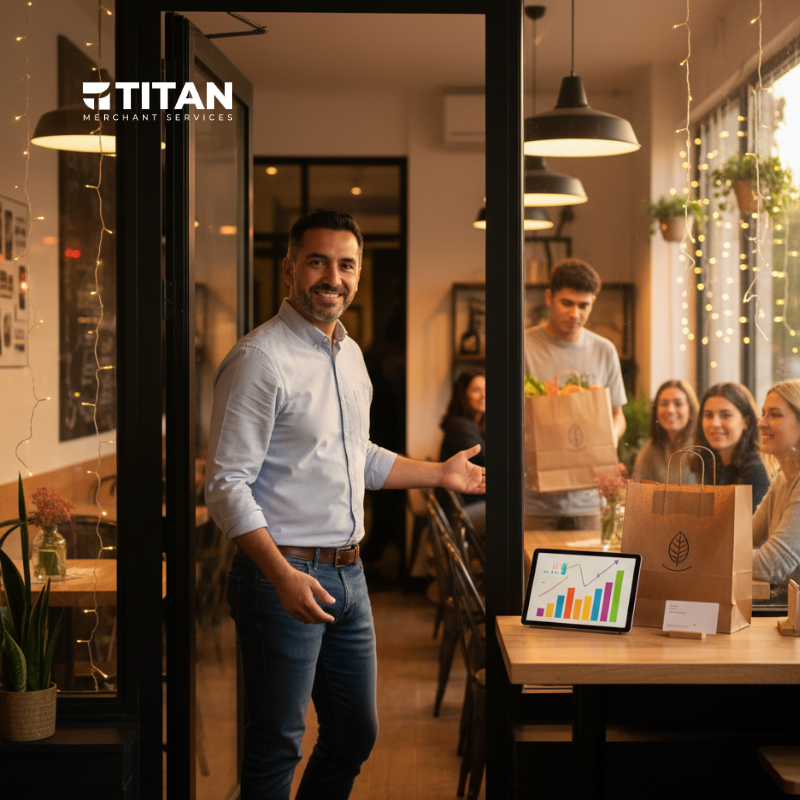 A happy and successful restaurant owner stands confidently in their business, showing a sense of accomplishment after adapting their business model to meet new demands.