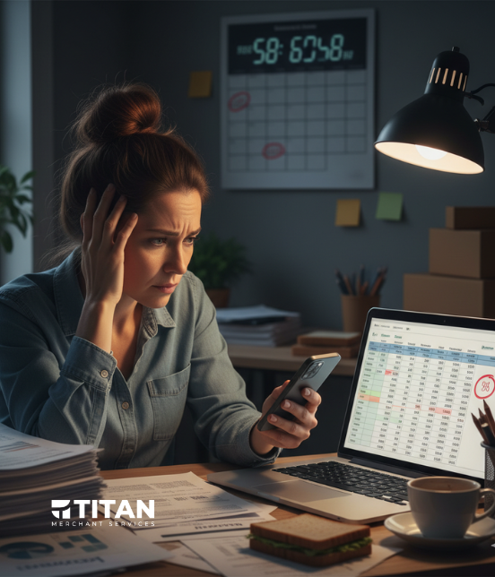 A stressed woman with her hair in a bun sits at a desk late at night, holding a phone and looking anxiously at a spreadsheet on her laptop, with a calendar showing a deadline nearby. She is surrounded by paperwork and coffee. The Titan Merchant Services logo is at the bottom.