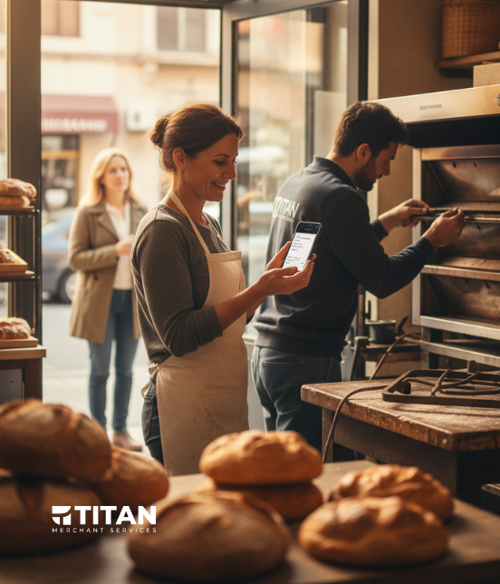 A smiling female bakery owner in an apron looks at her mobile phone, while a male employee works at the oven in the background. Fresh loaves of bread are visible on the counter in the foreground. Another customer stands outside the store window. The Titan Merchant Services logo is at the bottom.
