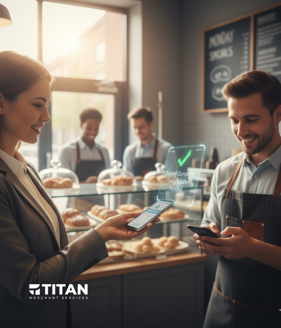 A female customer smiles while paying with her phone at a bakery counter, and the male server smiles back at his device. A holographic overlay shows a green checkmark and the message: "Payroll Complete Today's Sales Funded." The Titan Merchant Services logo is at the bottom.